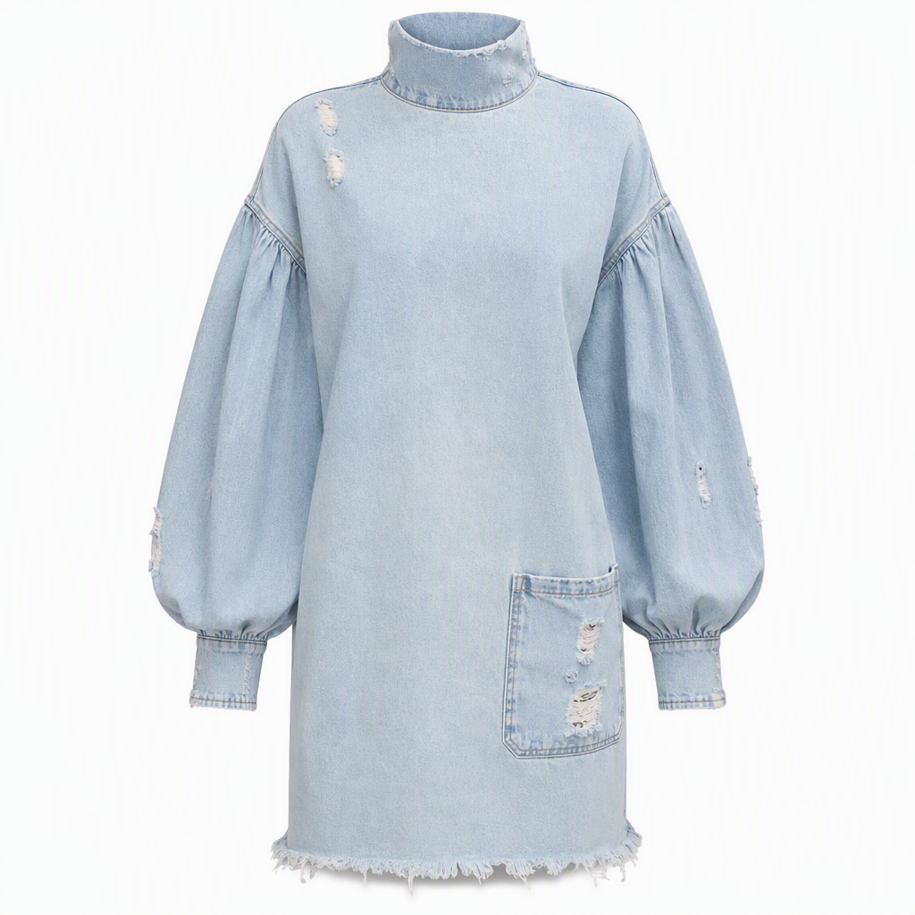 Nyhetserbjudande✨|Modern Denimklänning med Volymärmar – Komfortabel Passform och Elegant Look