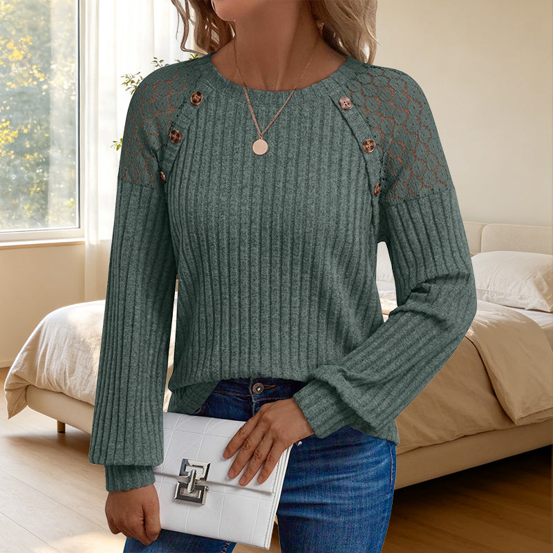 Nyhet✨ 🌸 Elegant Stickad Tröja Dam – Mjuk Komfort med Spetsdetaljer och Feminin Stil