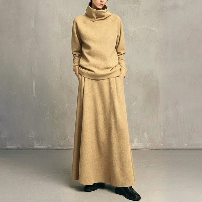 Elegant Stickat Set Dam – Polotröja & Lång Kjol med Bekväm Passform
