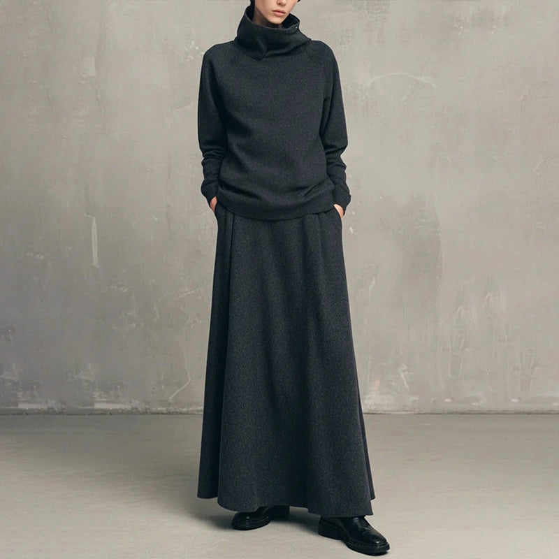 Elegant Stickat Set Dam – Polotröja & Lång Kjol med Bekväm Passform