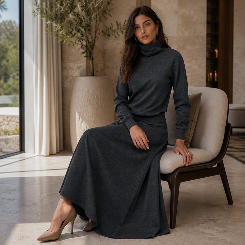 Elegant Stickat Set Dam – Polotröja & Lång Kjol med Bekväm Passform