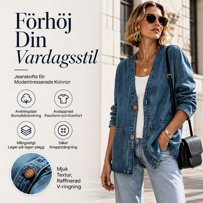 Elegant Denimkofta för Kvinnor – V-ringad Oversize Jacka med Mjuk Komfort & Tidlös Stil