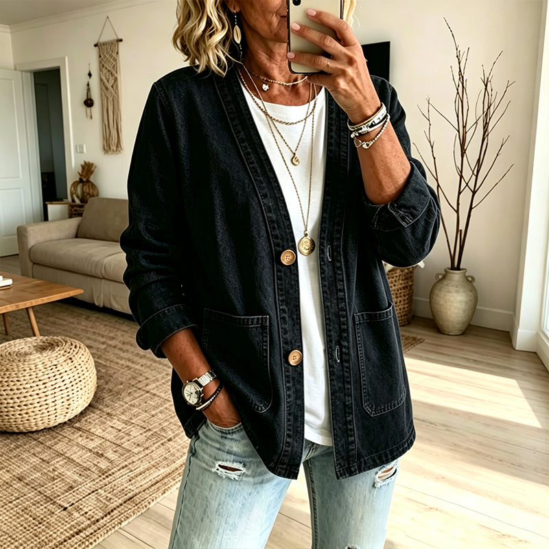 Elegant Denimkofta för Kvinnor – V-ringad Oversize Jacka med Mjuk Komfort & Tidlös Stil