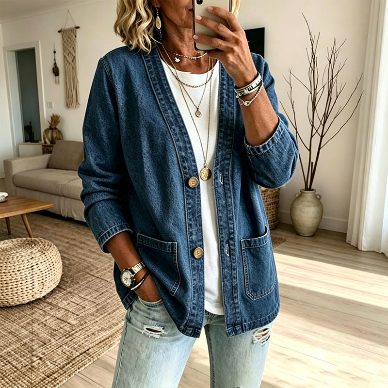 Elegant Denimkofta för Kvinnor – V-ringad Oversize Jacka med Mjuk Komfort & Tidlös Stil