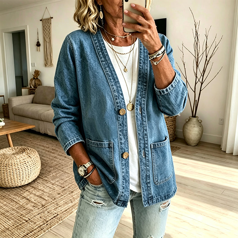 Elegant Denimkofta för Kvinnor – V-ringad Oversize Jacka med Mjuk Komfort & Tidlös Stil