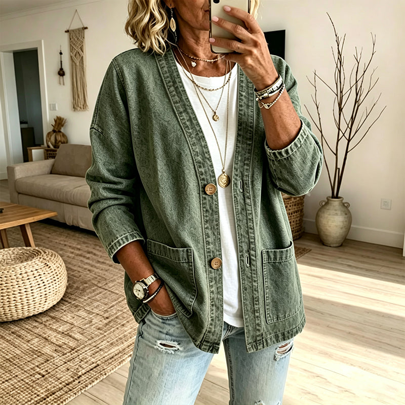 Elegant Denimkofta för Kvinnor – V-ringad Oversize Jacka med Mjuk Komfort & Tidlös Stil