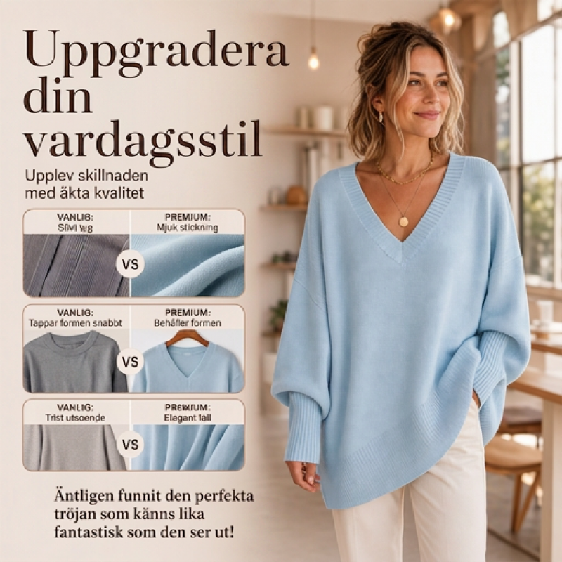 Stickad Tröja Dam – Mjuk V-ringad Tröja med Avslappnad Passform