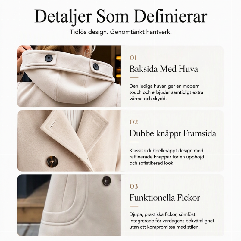 🌸Elegant Kappa Dam – Dubbelknäppt Vinterkappa med Huva och Klassisk Passform