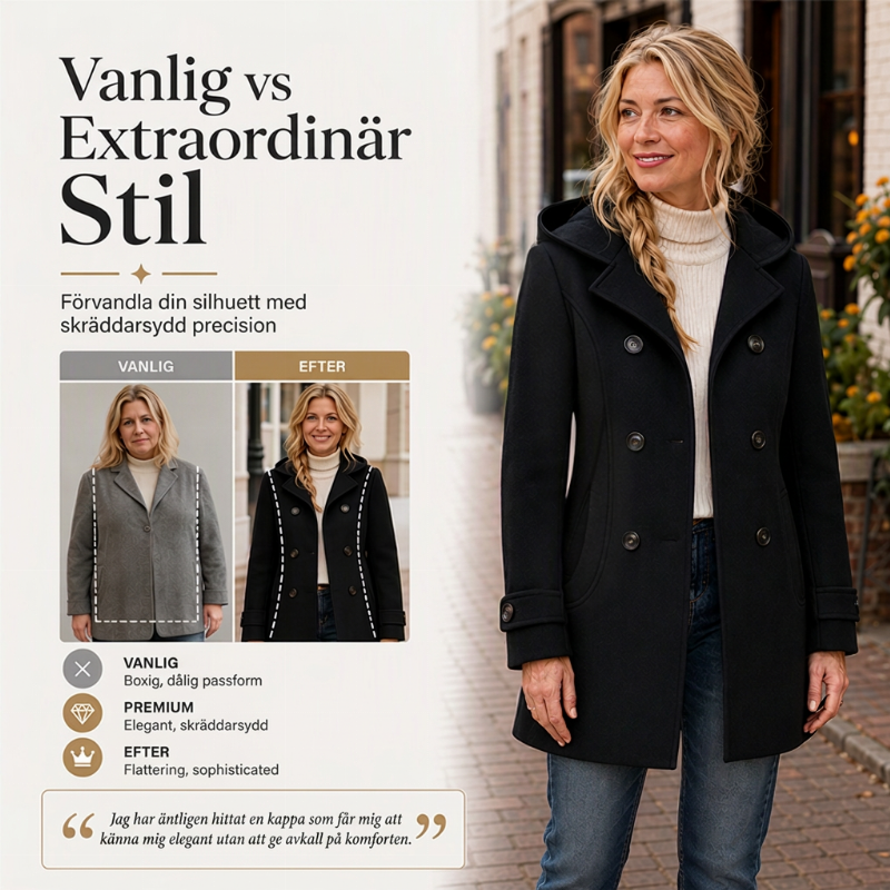 🌸Elegant Kappa Dam – Dubbelknäppt Vinterkappa med Huva och Klassisk Passform
