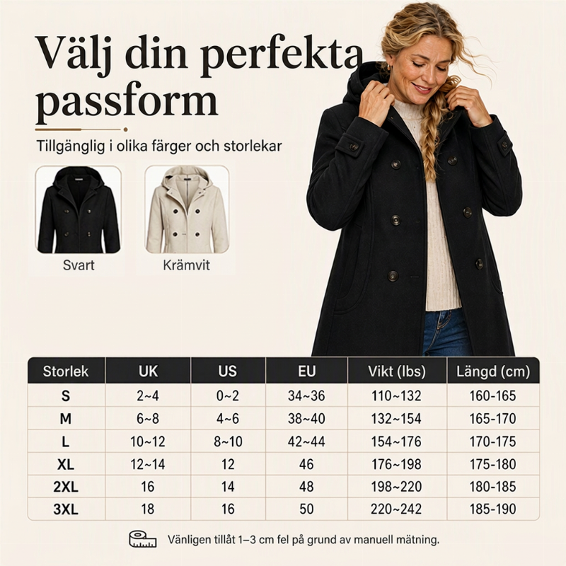 🌸Elegant Kappa Dam – Dubbelknäppt Vinterkappa med Huva och Klassisk Passform