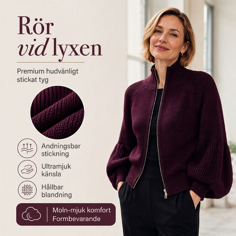 Stickad Kofta för Dam med Lyktärmar & Dragkedja – Mjuk och Elegant
