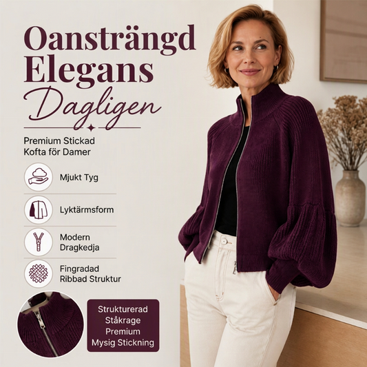 Stickad Kofta för Dam med Lyktärmar & Dragkedja – Mjuk och Elegant