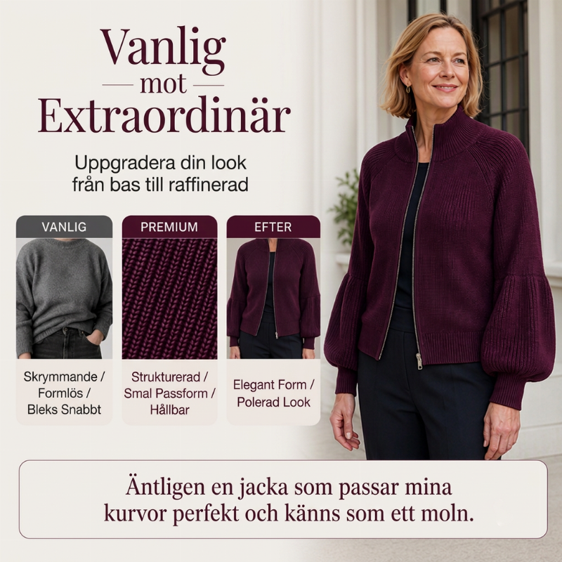 Stickad Kofta för Dam med Lyktärmar & Dragkedja – Mjuk och Elegant