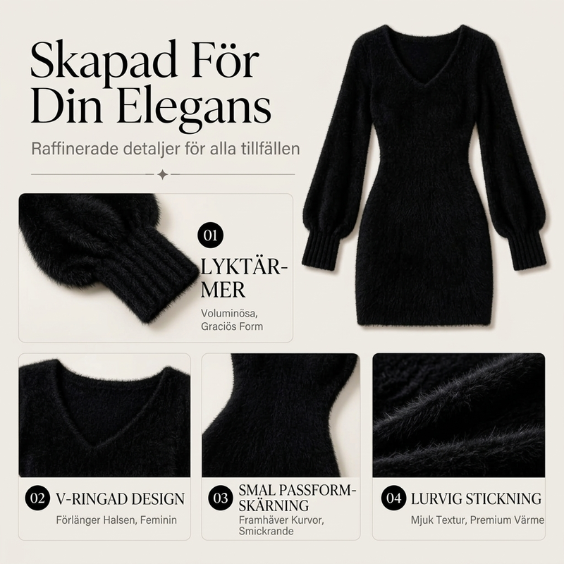 Stickad Klänning Dam – Elegant V-ringad Mjuk Miniklänning för Höst & Vinter