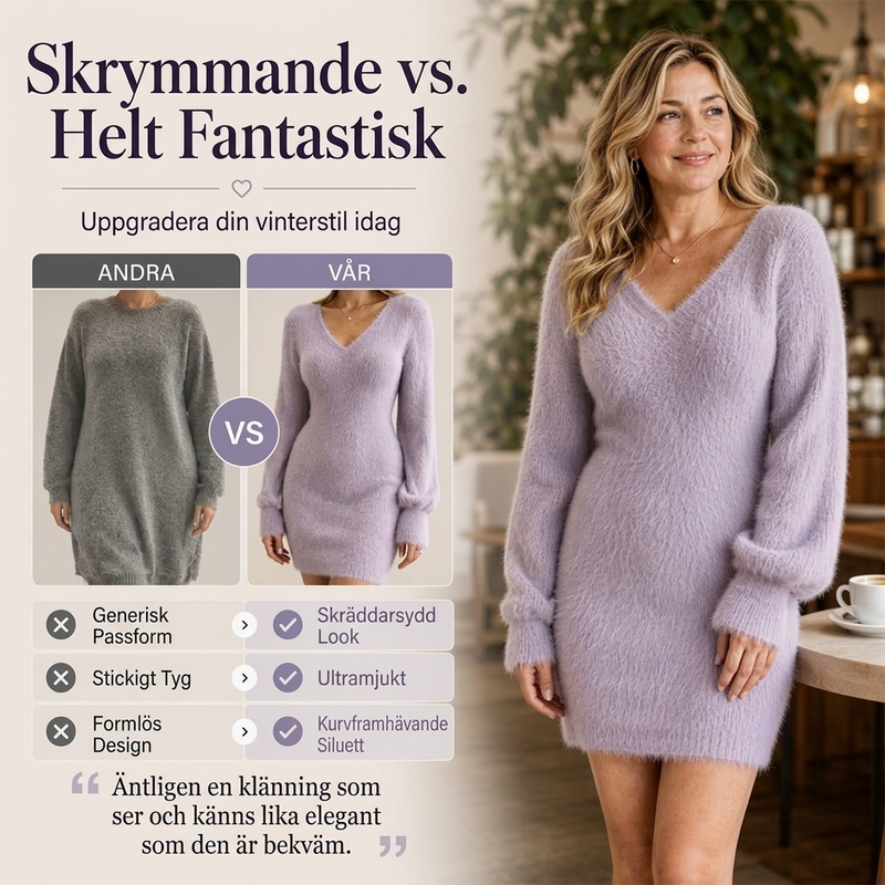 Stickad Klänning Dam – Elegant V-ringad Mjuk Miniklänning för Höst & Vinter