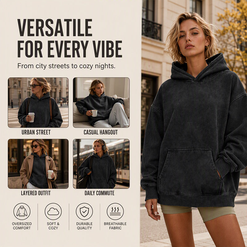 Oversized hoodie med tvättad vintageeffekt och känguruficka