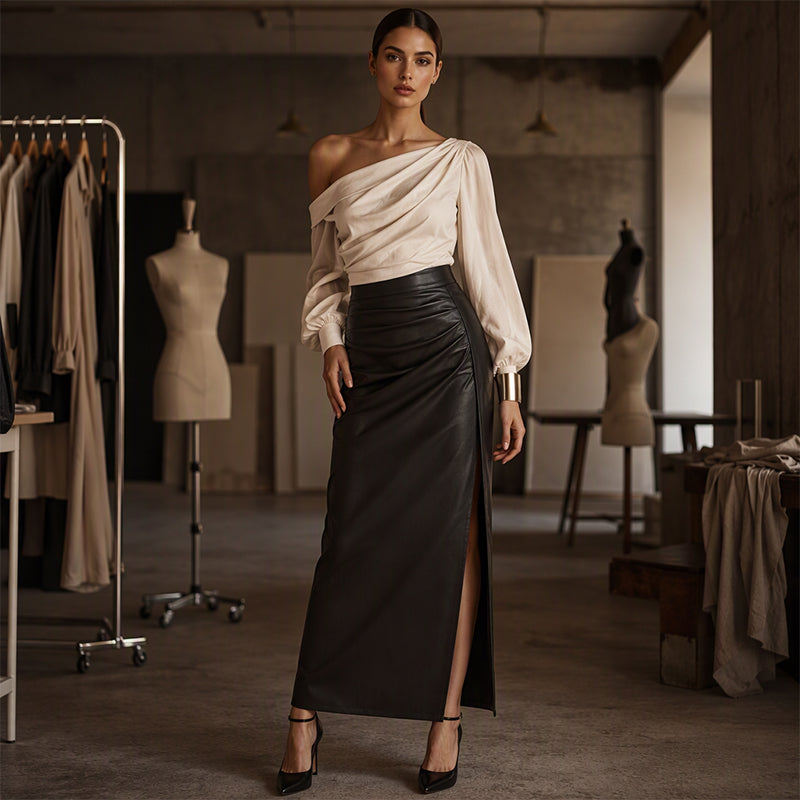 Nyhet✨|Elegant Skinnkjol Dam – Högmidjad Midi Kjol med Sidslits och Tidlös Stil
