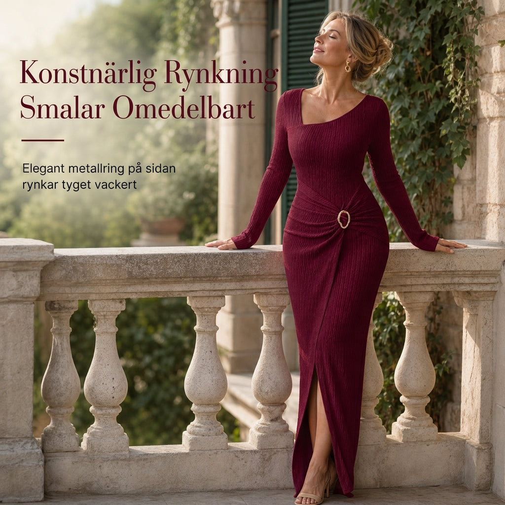 🍂Stickad Klänning Dam – Elegant Lång Klänning med Asymmetrisk Halsringning, Smickrande Passform & Mjuk Komfort