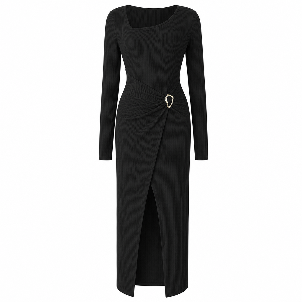 🍂Stickad Klänning Dam – Elegant Lång Klänning med Asymmetrisk Halsringning, Smickrande Passform & Mjuk Komfort