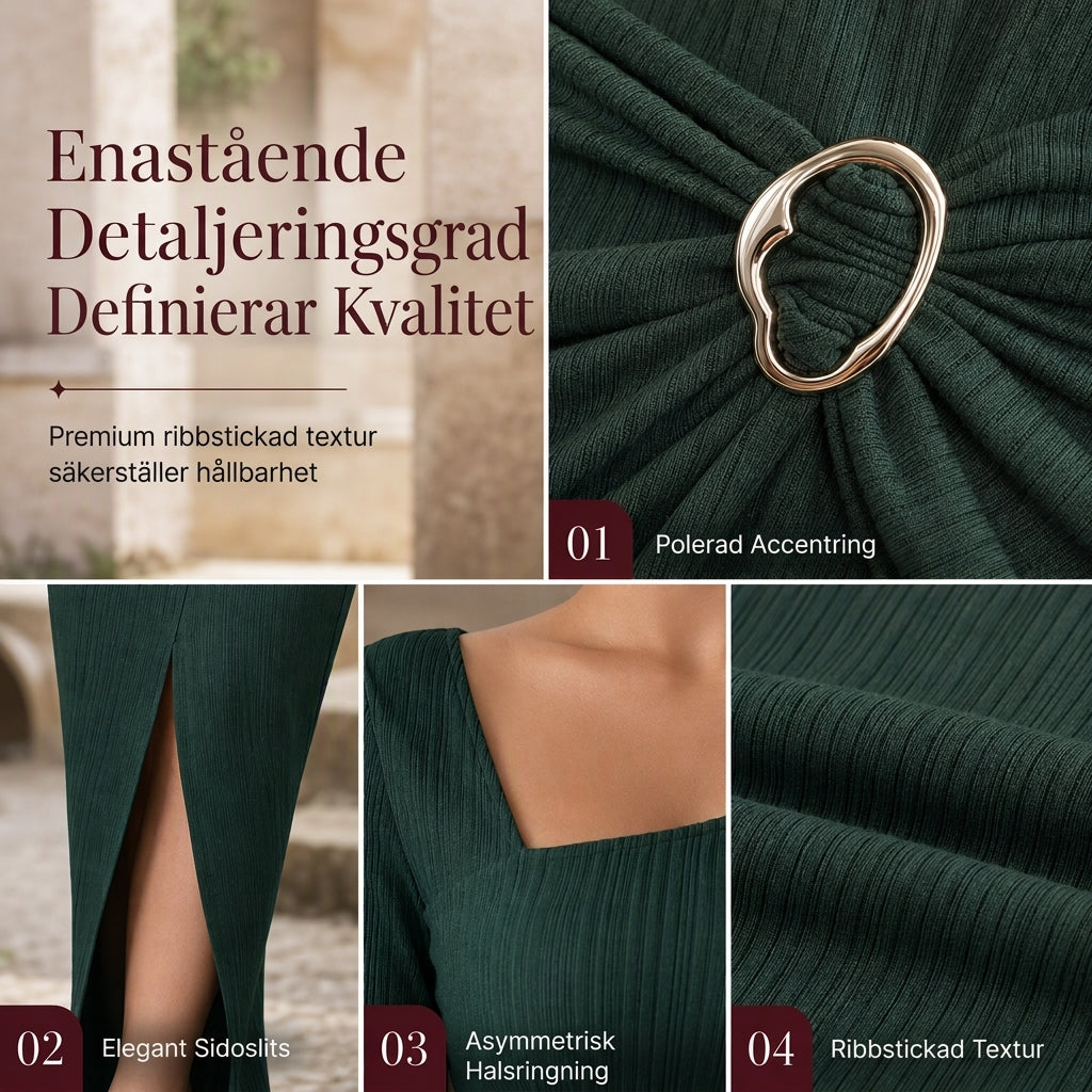 🍂Stickad Klänning Dam – Elegant Lång Klänning med Asymmetrisk Halsringning, Smickrande Passform & Mjuk Komfort