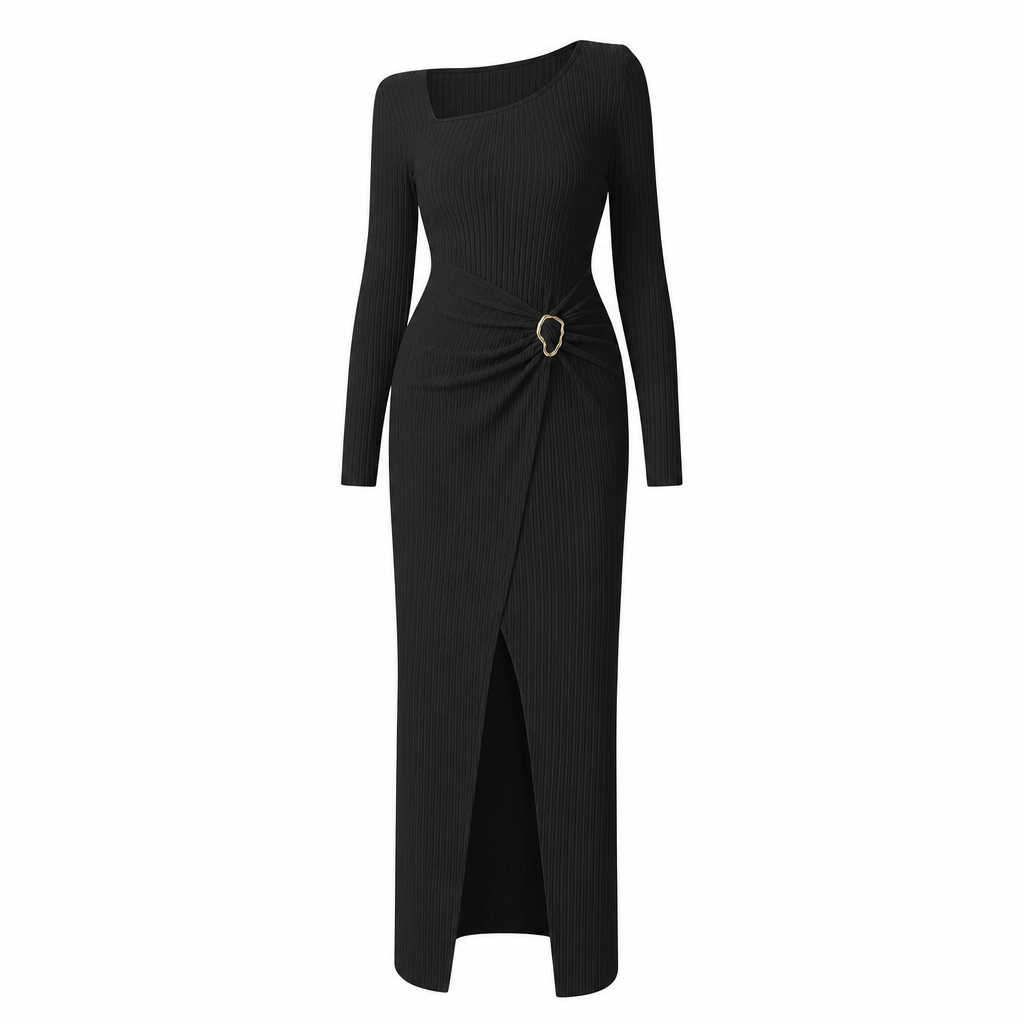 🍂Stickad Klänning Dam – Elegant Lång Klänning med Asymmetrisk Halsringning, Smickrande Passform & Mjuk Komfort