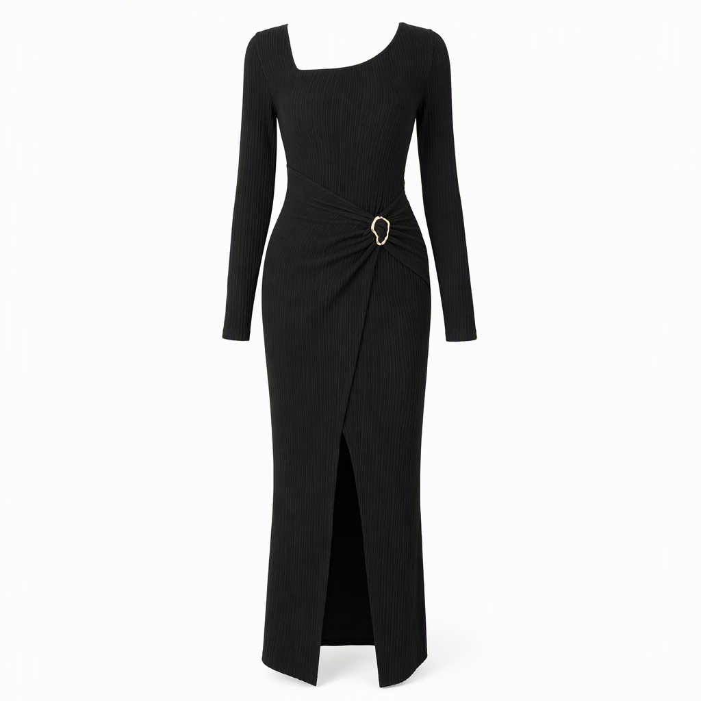 🍂Stickad Klänning Dam – Elegant Lång Klänning med Asymmetrisk Halsringning, Smickrande Passform & Mjuk Komfort