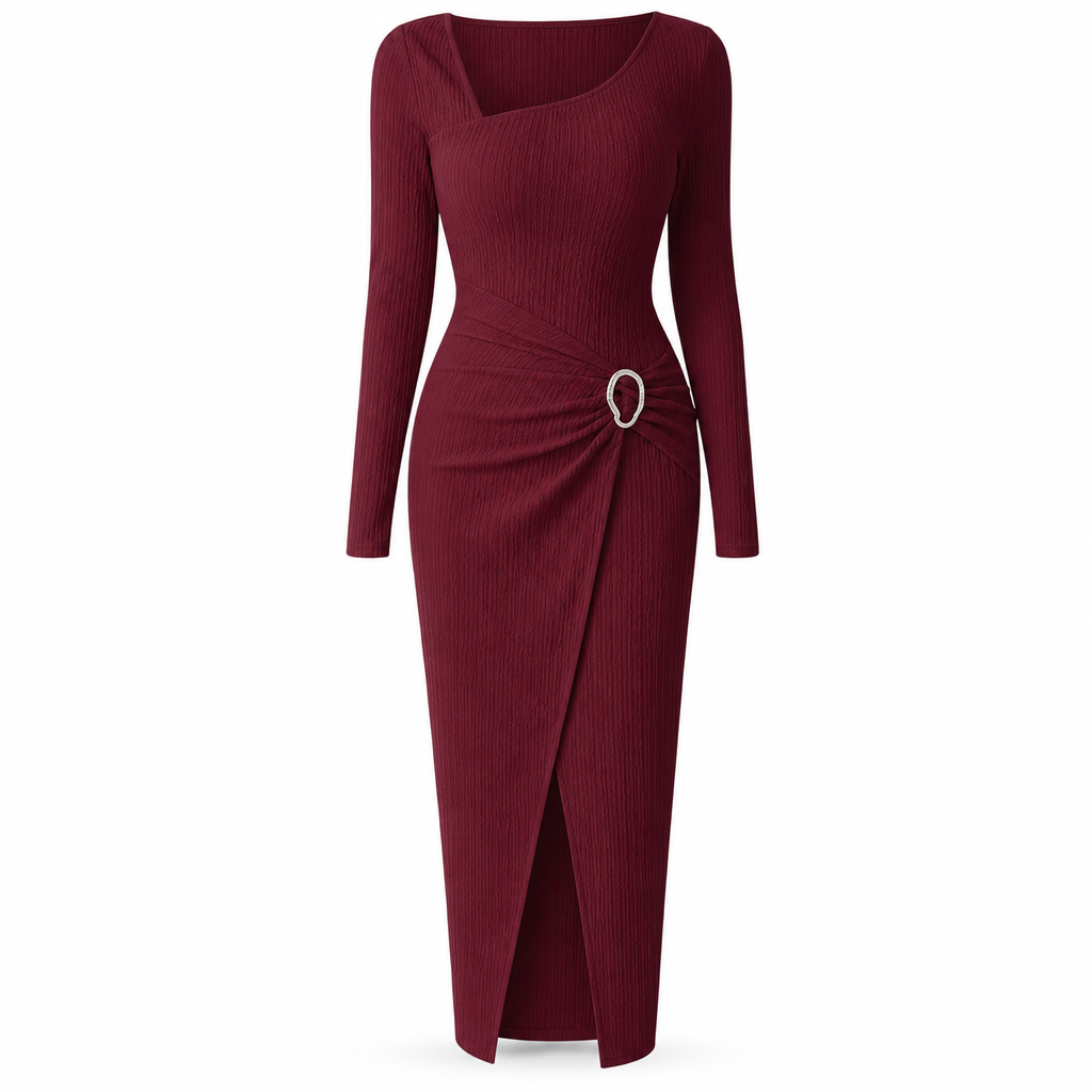 🍂Stickad Klänning Dam – Elegant Lång Klänning med Asymmetrisk Halsringning, Smickrande Passform & Mjuk Komfort