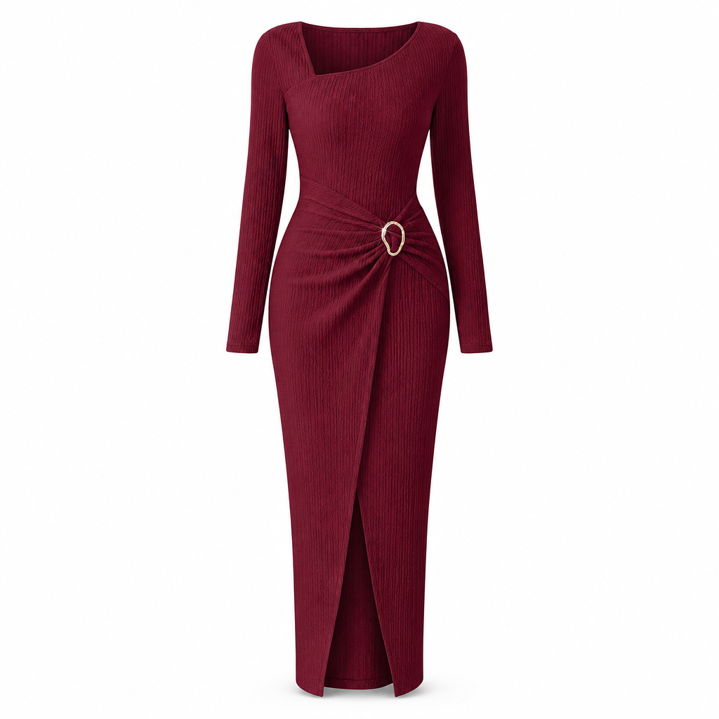 🍂Stickad Klänning Dam – Elegant Lång Klänning med Asymmetrisk Halsringning, Smickrande Passform & Mjuk Komfort