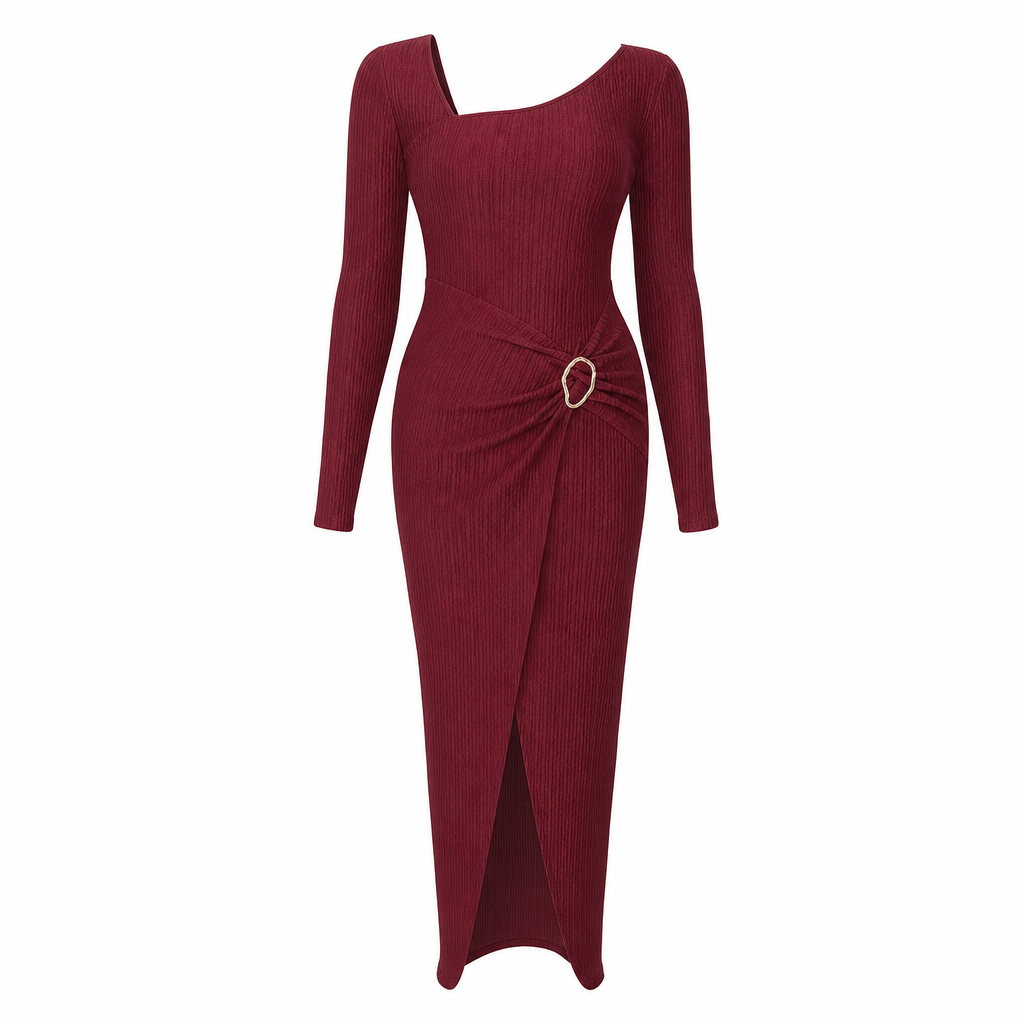 🍂Stickad Klänning Dam – Elegant Lång Klänning med Asymmetrisk Halsringning, Smickrande Passform & Mjuk Komfort
