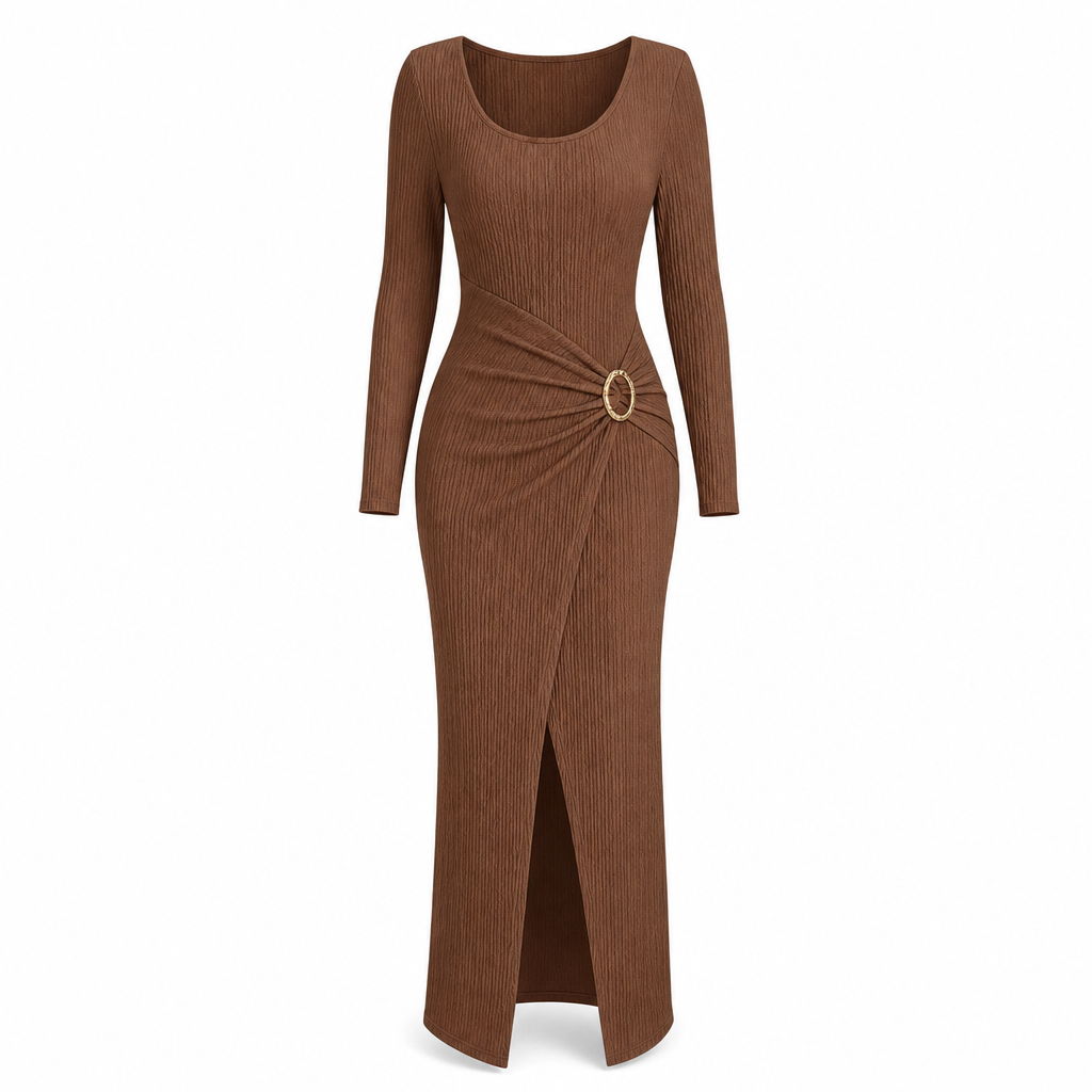 🍂Stickad Klänning Dam – Elegant Lång Klänning med Asymmetrisk Halsringning, Smickrande Passform & Mjuk Komfort