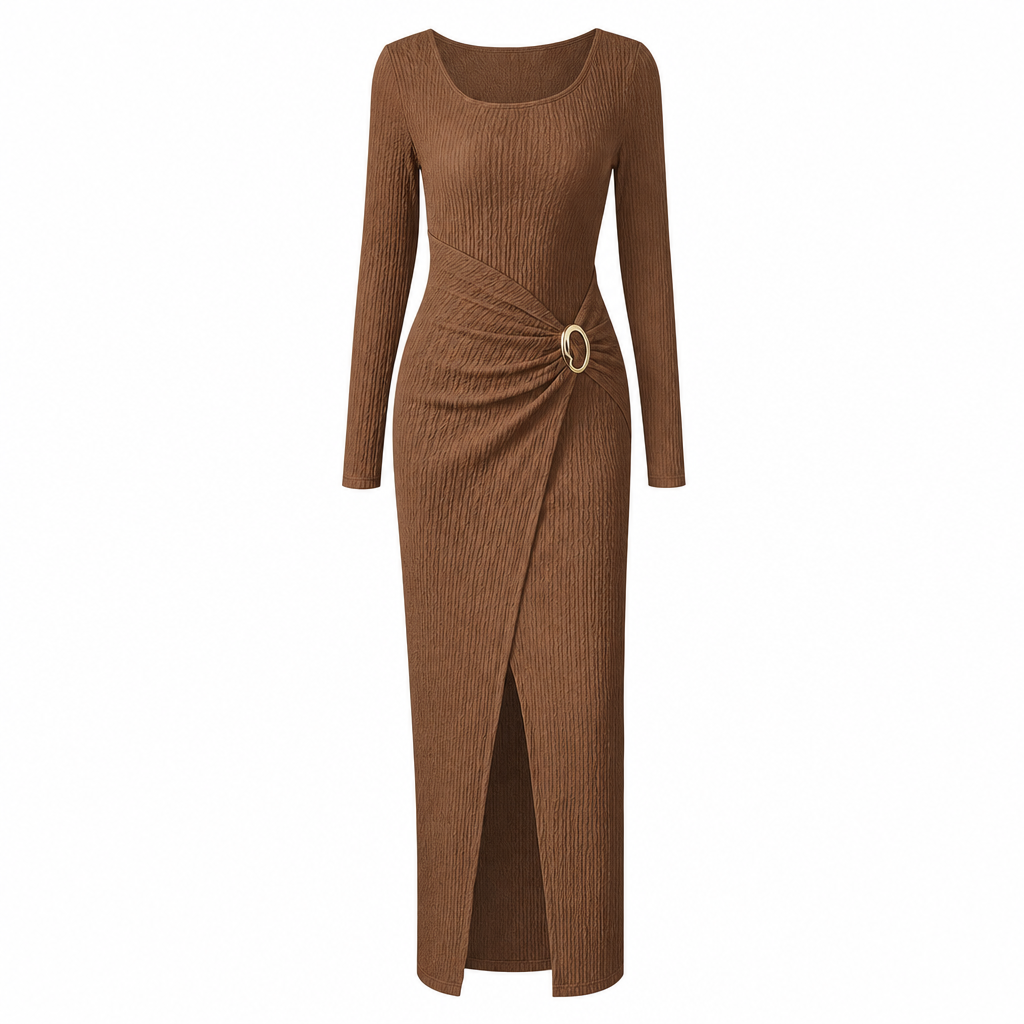 🍂Stickad Klänning Dam – Elegant Lång Klänning med Asymmetrisk Halsringning, Smickrande Passform & Mjuk Komfort