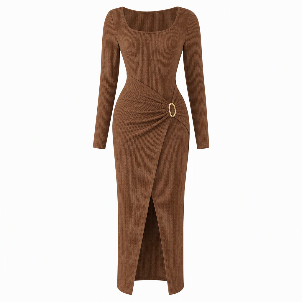 🍂Stickad Klänning Dam – Elegant Lång Klänning med Asymmetrisk Halsringning, Smickrande Passform & Mjuk Komfort