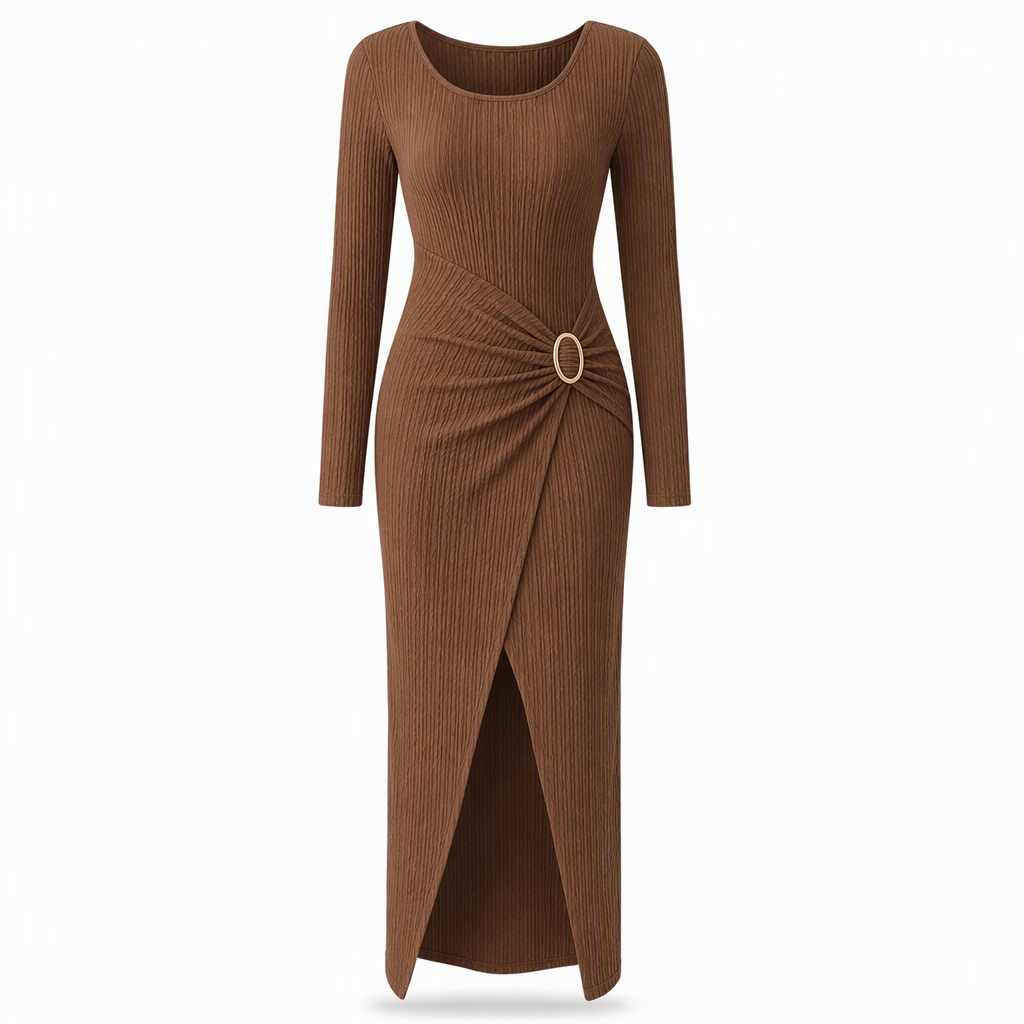 🍂Stickad Klänning Dam – Elegant Lång Klänning med Asymmetrisk Halsringning, Smickrande Passform & Mjuk Komfort