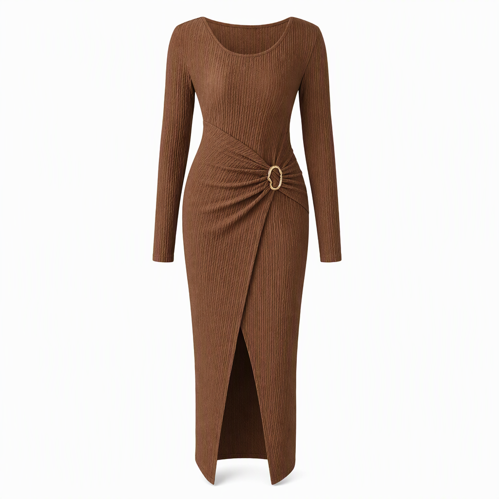 🍂Stickad Klänning Dam – Elegant Lång Klänning med Asymmetrisk Halsringning, Smickrande Passform & Mjuk Komfort