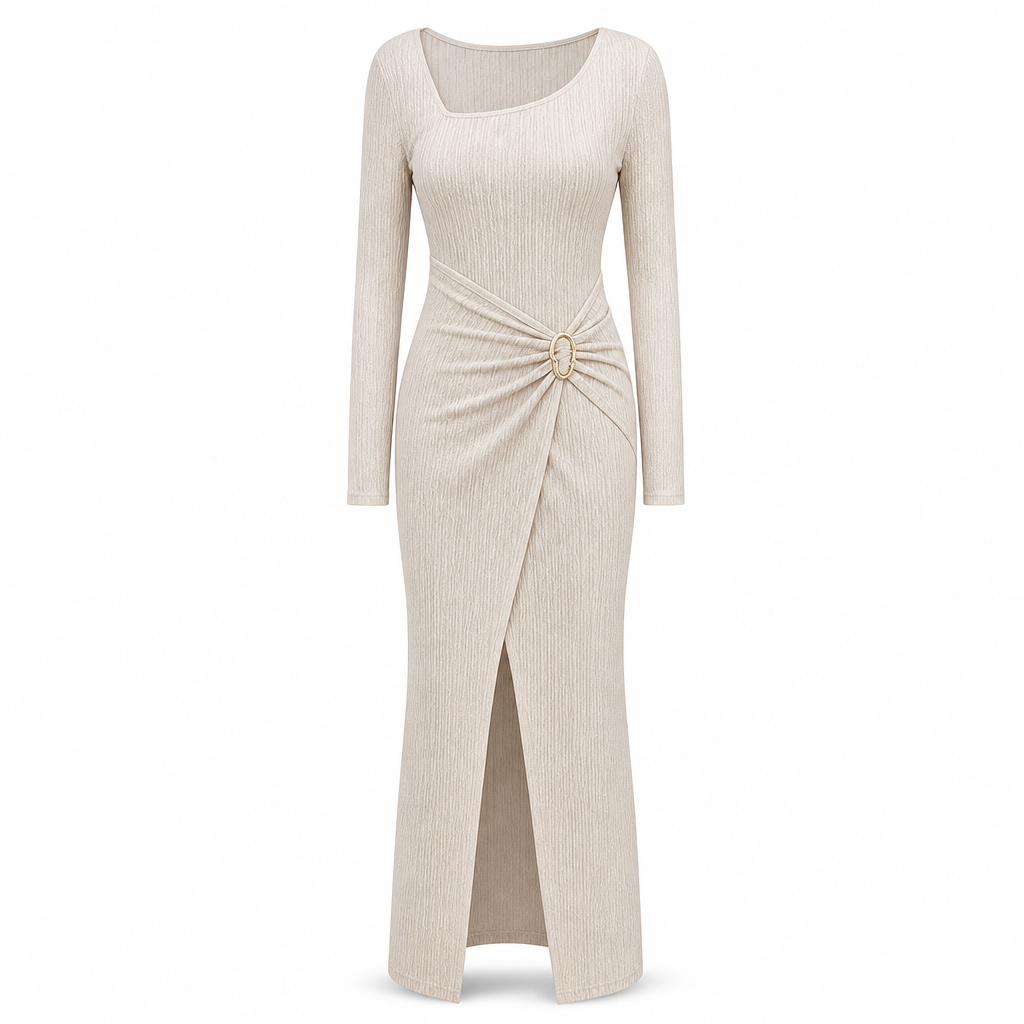 🍂Stickad Klänning Dam – Elegant Lång Klänning med Asymmetrisk Halsringning, Smickrande Passform & Mjuk Komfort