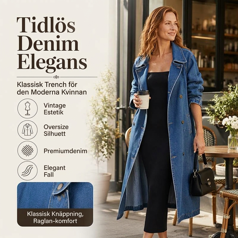 Elegant Lång Jeanskappa Dam – Klassisk Denim Trenchcoat med Dubbelknäppning