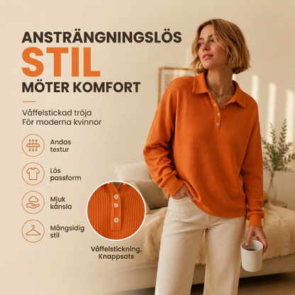 Mysig Waffle Stickad Tröja för Dam – Lös Passform med Mjuk Textur och Elegant Stil