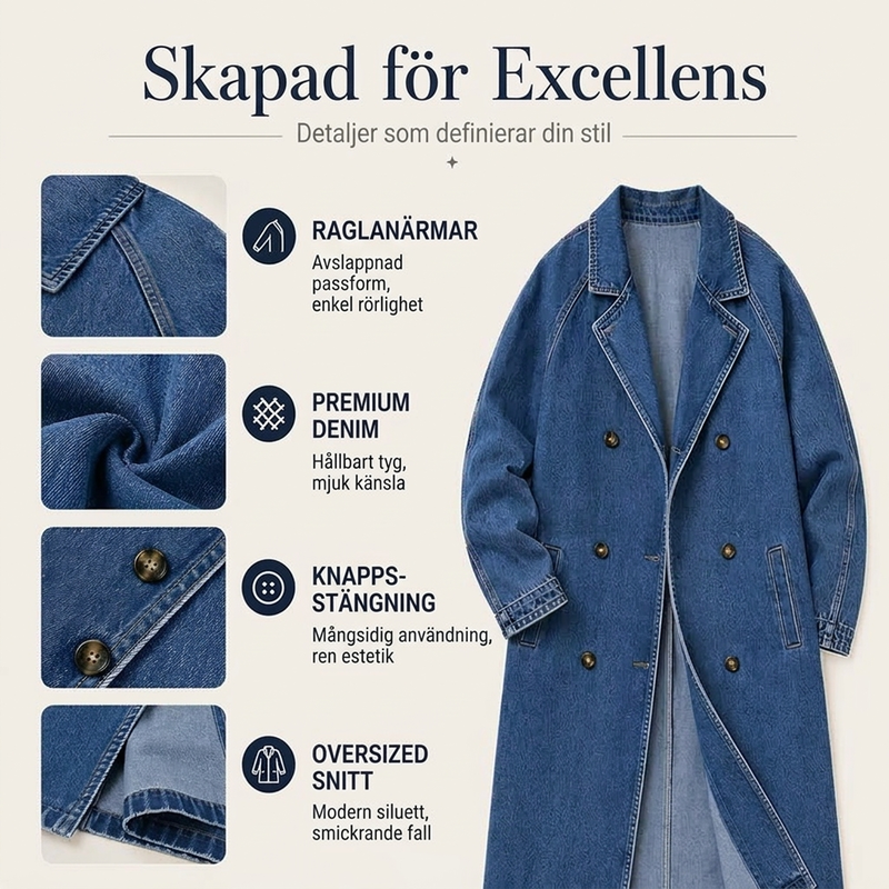 Elegant Lång Jeanskappa Dam – Klassisk Denim Trenchcoat med Dubbelknäppning