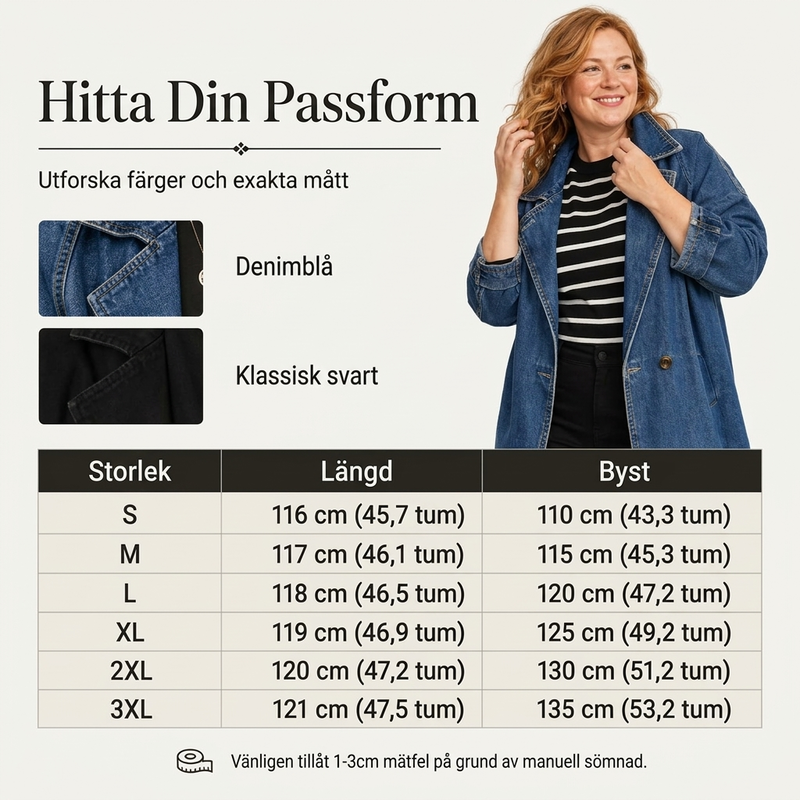 Elegant Lång Jeanskappa Dam – Klassisk Denim Trenchcoat med Dubbelknäppning