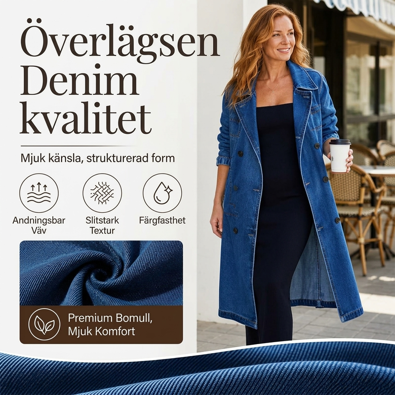 Elegant Lång Jeanskappa Dam – Klassisk Denim Trenchcoat med Dubbelknäppning