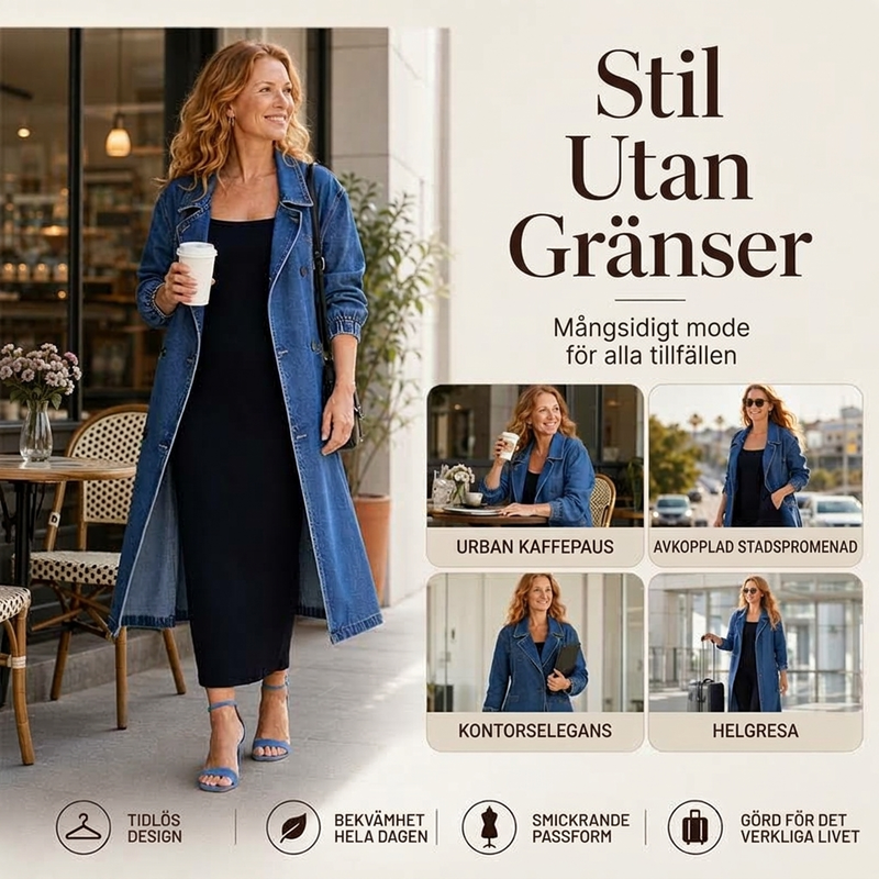 Elegant Lång Jeanskappa Dam – Klassisk Denim Trenchcoat med Dubbelknäppning