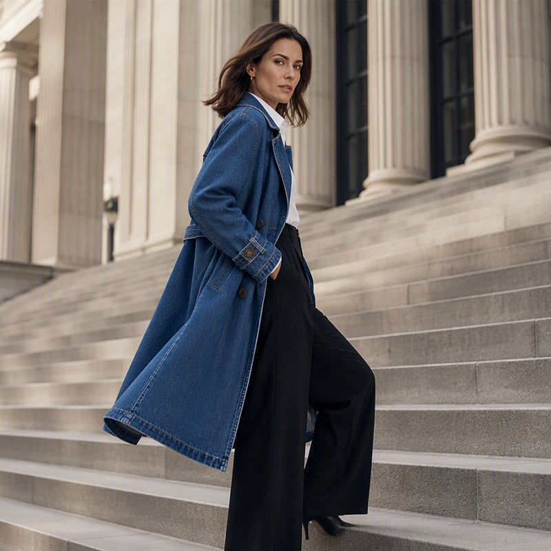 Elegant Lång Jeanskappa Dam – Klassisk Denim Trenchcoat med Dubbelknäppning