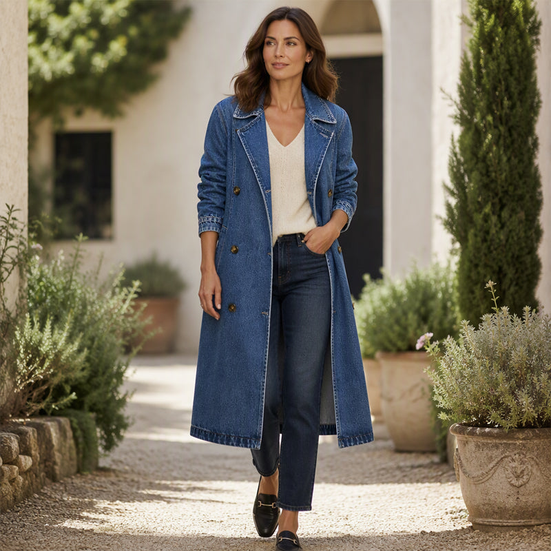 Elegant Lång Jeanskappa Dam – Klassisk Denim Trenchcoat med Dubbelknäppning