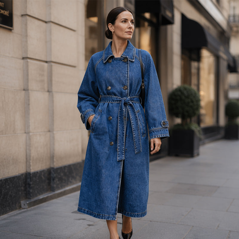 Elegant Lång Jeanskappa Dam – Klassisk Denim Trenchcoat med Dubbelknäppning