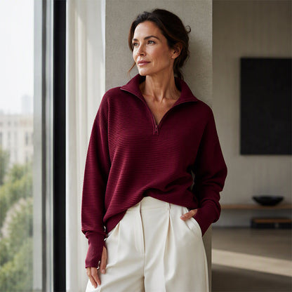 Quarter Zip Tröja Dam – Mjuk Stickad Pullover med Hög Krage, Avslappnad Passform & Elegant Vardagstil