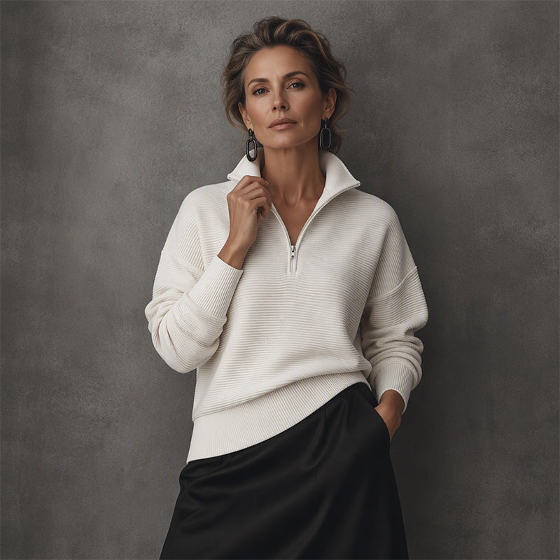 Quarter Zip Tröja Dam – Mjuk Stickad Pullover med Hög Krage, Avslappnad Passform & Elegant Vardagstil