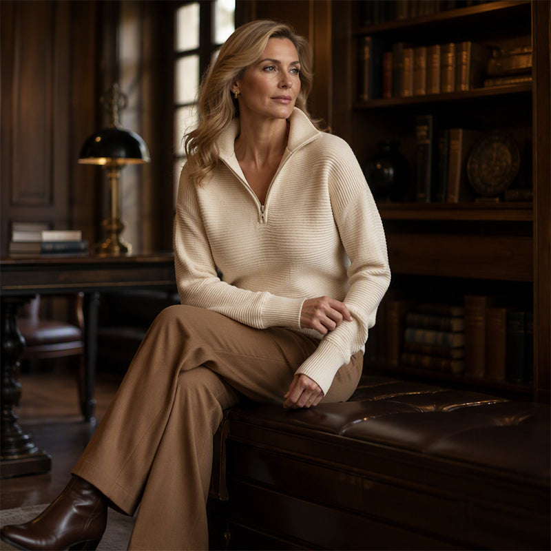 Quarter Zip Tröja Dam – Mjuk Stickad Pullover med Hög Krage, Avslappnad Passform & Elegant Vardagstil