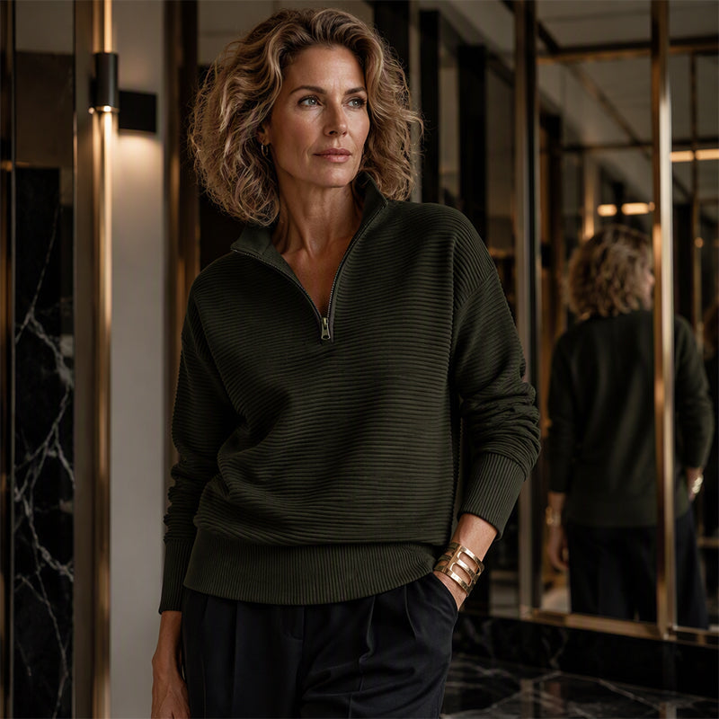 Quarter Zip Tröja Dam – Mjuk Stickad Pullover med Hög Krage, Avslappnad Passform & Elegant Vardagstil