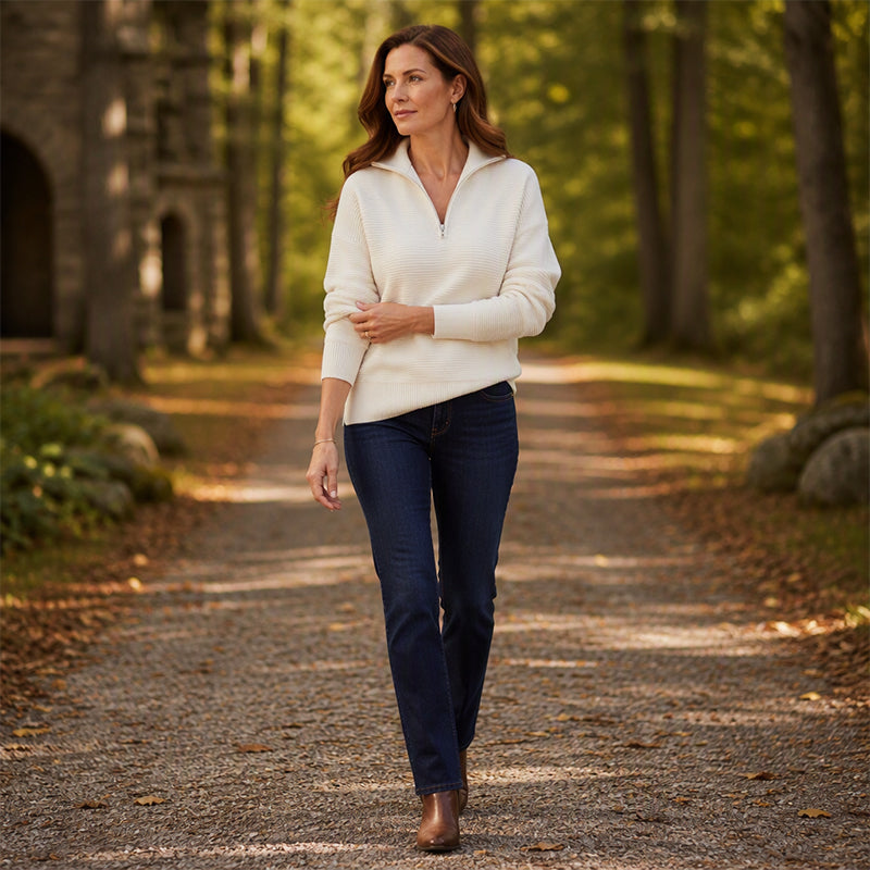 Quarter Zip Tröja Dam – Mjuk Stickad Pullover med Hög Krage, Avslappnad Passform & Elegant Vardagstil