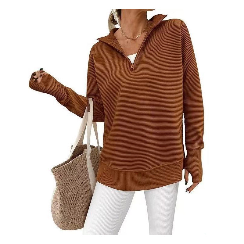 Quarter Zip Tröja Dam – Mjuk Stickad Pullover med Hög Krage, Avslappnad Passform & Elegant Vardagstil
